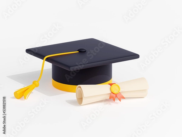 Fototapeta Student graduation cap and diploma scroll. Concept of academic tuition, university or college education with black mortarboard with yellow tassel and rolled certificate, 3d render illustration