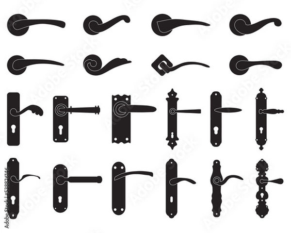 Fototapeta Black silhouettes of doorknobs and handles of the door on a white background	