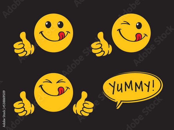 Obraz Yummy smile emoticons, happy smiling faces while tasting delicious food, with thumbs up. Cartoon style vector illustration, isolated on black.