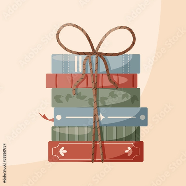 Fototapeta Books stack.  Pile of beautiful books cover.  Classic books stacked and tied together with a rope. twine. Warm colours. Vector illustration.