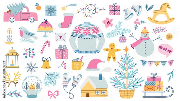 Obraz Christmas winter holiday vector  illustration set