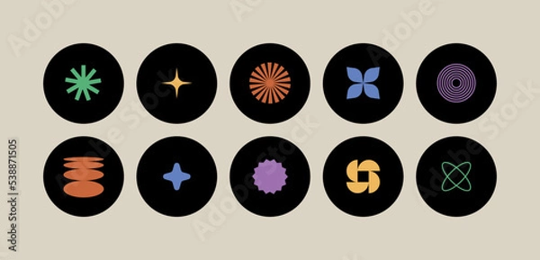 Fototapeta Vector set of template icons for social highlights, business in minimalist brutalist design. Bundle of futuristic shapes and geometric figures.