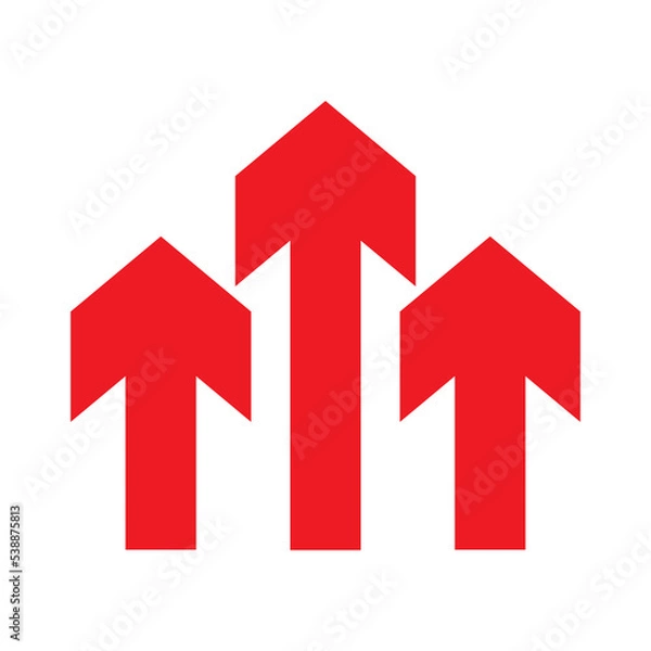 Fototapeta Three red arrows up icon. Upload symbol. Upgrade sign. Growth symbol. Creative project start, business advance, breakthrough sign. Fast growth symbol. Speed, grow up, increase isolated on white.