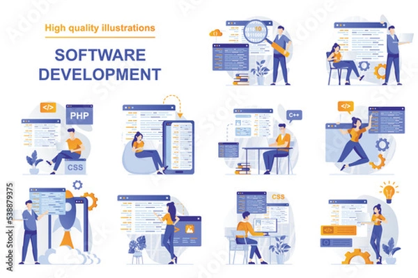 Obraz Software development web concept with people scenes set in flat style. Bundle of backend development, programming, working with abstract code and scripts. Vector illustration with character design