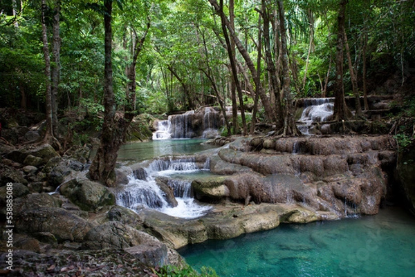Obraz Erawan Waterfall in Kanchanaburi. Amazing turquoise water and wonderful jungle. Ideal place for a picnic and relaxation. One of the most famous tourist attractions in Kanchanaburi province, Thailand. 