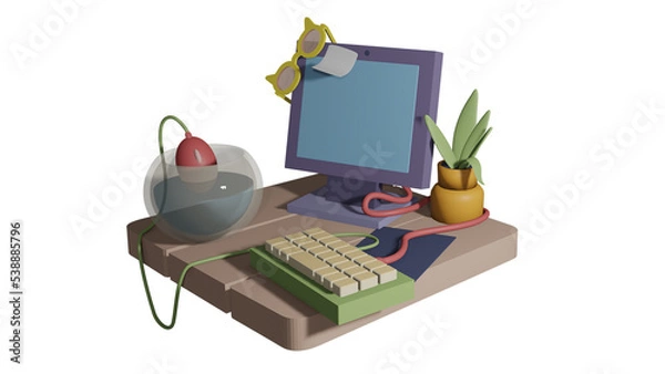 Fototapeta 3D image of the desktop. Computer, keyboard, mouse. Funny workplace.