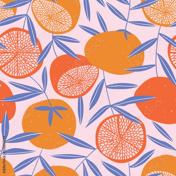 Fototapeta Tropical seamless pattern with grapefruit in pop art colors. Fruit repeated texture. Vector bright citrus print for fabric or wallpaper. 