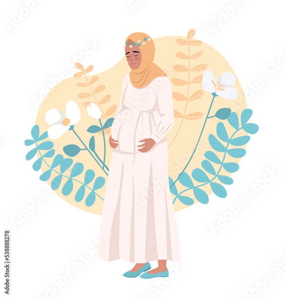 Obraz Pregnant woman with hijab 2D vector isolated illustration. Motherhood flat character on cartoon background. Expecting baby colourful editable scene for mobile, website, presentation
