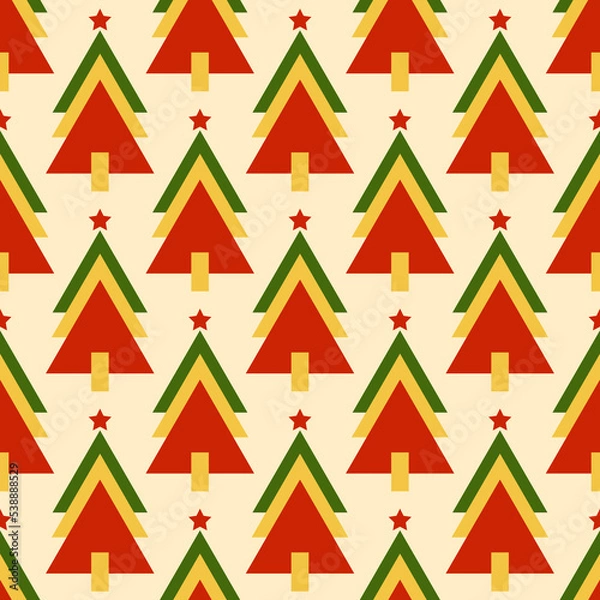 Fototapeta Christmas trees seamless pattern. Colorful xmas trees on beige background. Happy New year concept. Christmas background. Festive design for print on wrapper paper, fabric, packing. Vector illustration