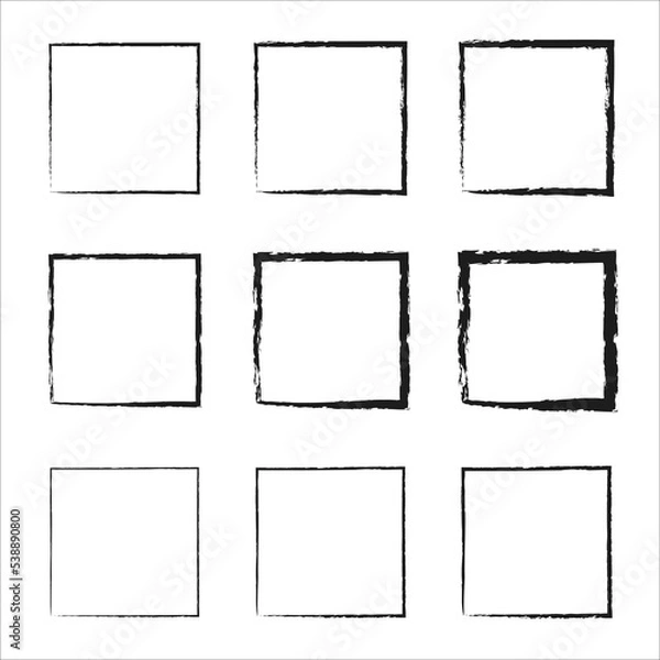 Obraz Collection of square black hand drawn grunge frames. black square shape borders. Set of design elements. Vector black painted squares. Vector illustration