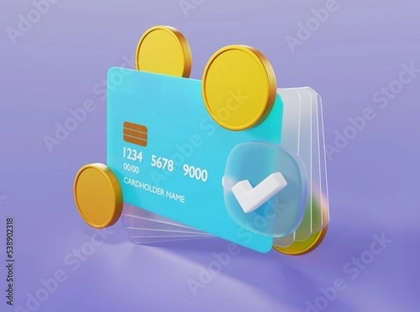 Obraz Credit card with golden coins, glass elements and check mark 3d render