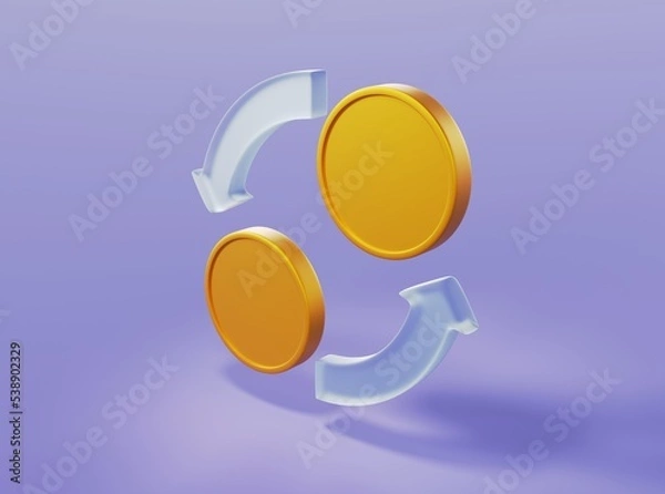 Fototapeta Currency exchange sign with glass arrows and golden coins 3d render