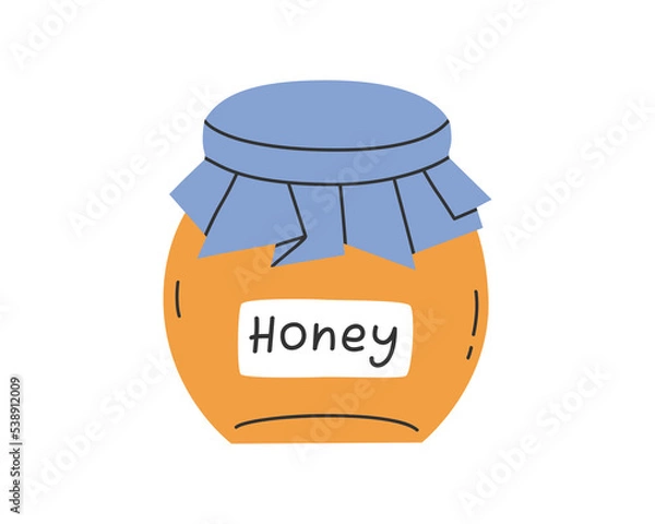 Fototapeta Hand drawn cute illustration of jar with honey. Flat vector sweet syrup in bank in simple colored doodle style. Organic candy sticker, icon or print. Isolated on white background.