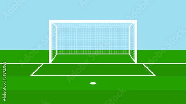 Fototapeta Soccer gate. Football field with goal. Stadium with goalpost and net. Pitch with green grass, white lines and penalty. Flat arena for game and sport. Vector