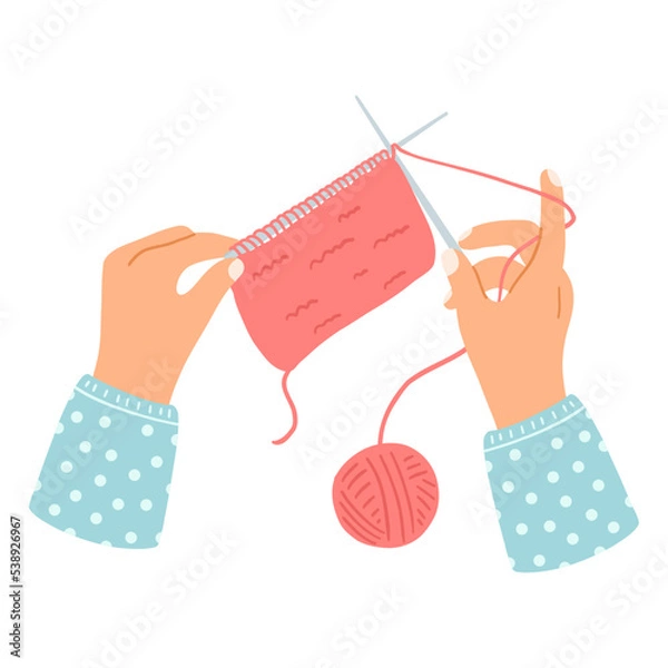 Fototapeta Hands hold knitting needles and yarn. Hand drawn vector illustration of knitting process, concept of hobby, leisure time