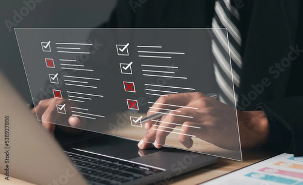 Fototapeta Questionnaire with checkboxes, filling survey form online, answer questions of test. Survey form concept.  Education futuristic technology and learning concept.