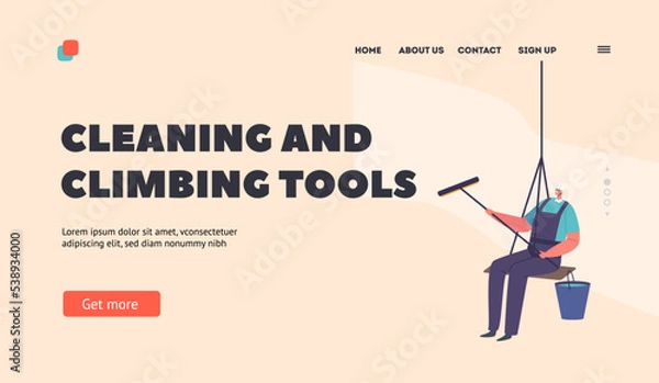 Fototapeta Window Washer with Cleaning and Climbing Tools Landing Page Template. Worker Character Washing Tower Office Facade