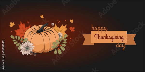 Fototapeta autumn greeting card with orange pumpkin, maple leaves, acorns and rowan, fall, halloween decoration, thanksgiving day, september, october, november, welcome autumn mood, flat background, poster

