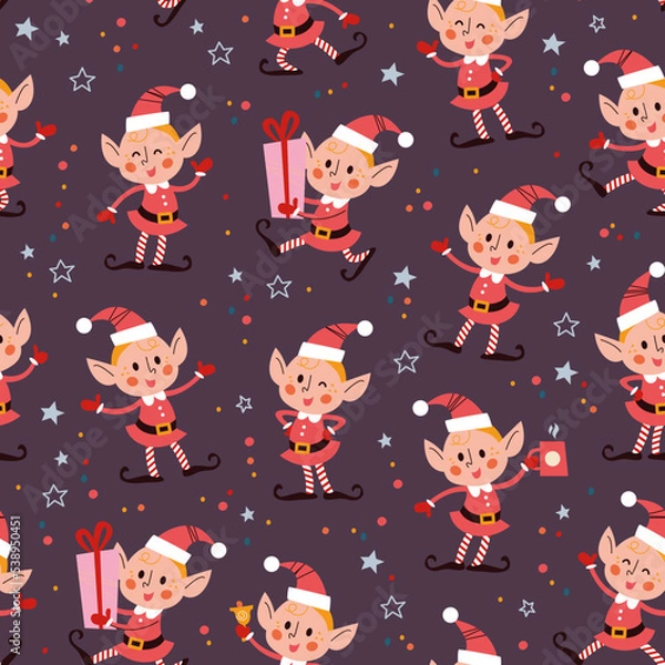 Fototapeta Merry Christmas seamless pattern with different Santa elf . Vector flat Christmas illustration. For banner, card, package.