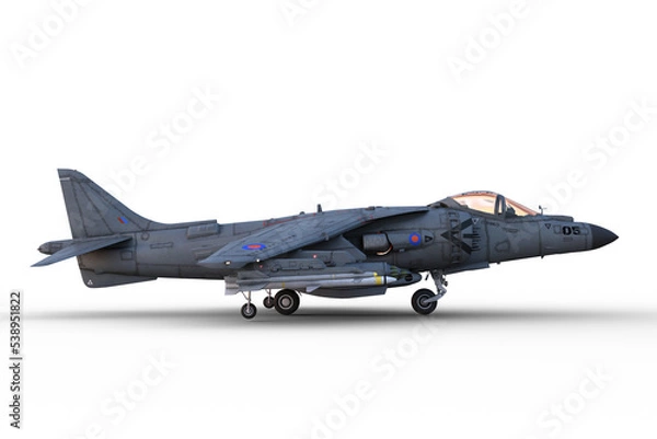 Fototapeta Side view 3D illustration of a grey jet fighter aircraft on the ground and armed with missiles isolated on a transparent background.