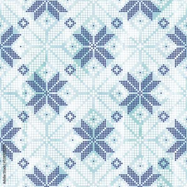 Fototapeta Abstract winter seamless pattern on blue watercolor background. Scandinavian theme. Geometric decor of polka dots.Perfect for design templates, wallpaper, wrapping, fabric and textile.