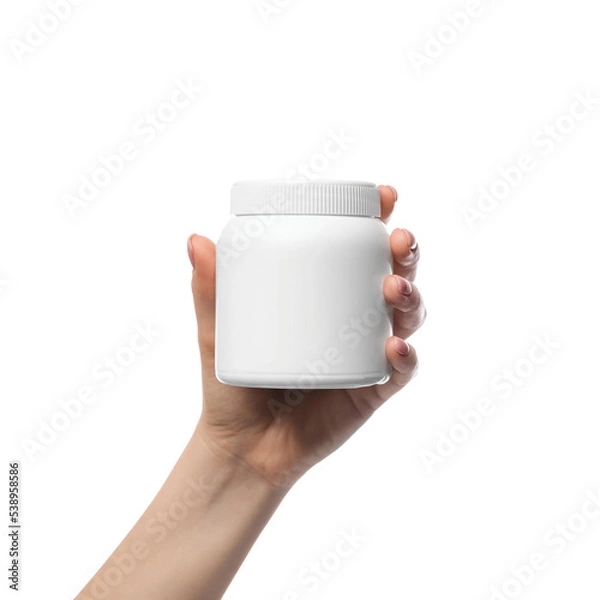 Fototapeta A white plastic jar, a container in a woman's hand. There is a space for advertising or a logo. Template for a commercial product.