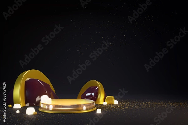 Obraz 3D background, special pedestal podium on black background with golden sparks for branding and product presentation. Minimal showcase 3D render advertisement.
