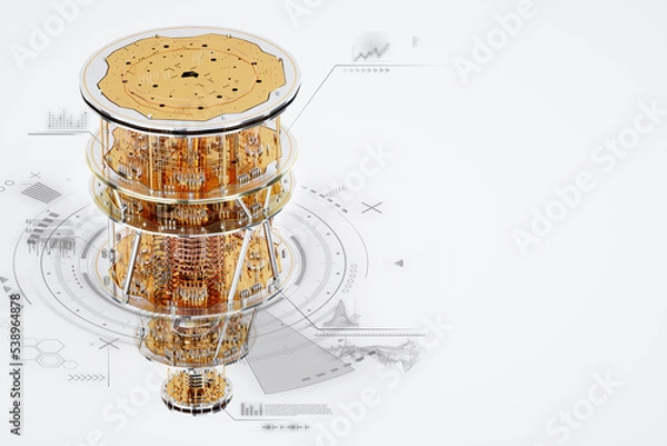Fototapeta Quantum computer, gold silver mechanism isolated on white background. Mechanism, quantum computing, quantum cryptography, steampunk, Q bits, parallel computing. 3D illustration, 3D render.