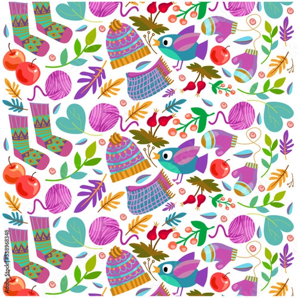 Obraz Cheerful children's vector seamless pattern, background. Winter theme. Winter clothes. Bird, scarf, hat, mittens, leaves, ball of thread, wool. Vector illustration. Background for fabric, wallpaper, d