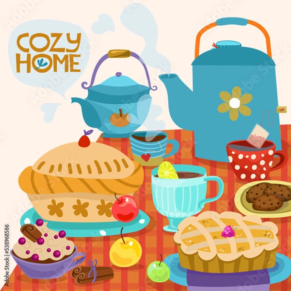Obraz vector set, poster, composition. Cozy house. Winter theme. Winter lunch. Sweets on the table. Vector illustration. Background for fabric, wallpaper, design. Children's illustration.