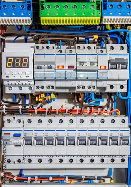 Fototapeta Voltage distributor with automatic switches. Electrical background.