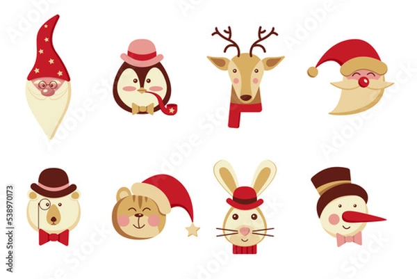 Obraz Collection of vector flat Christmas animals on  white background. Set of Christmas Symbols Santa Claus, tiger, snowman, polar bear, deer, dwarf, hare, penguin. EPS10.