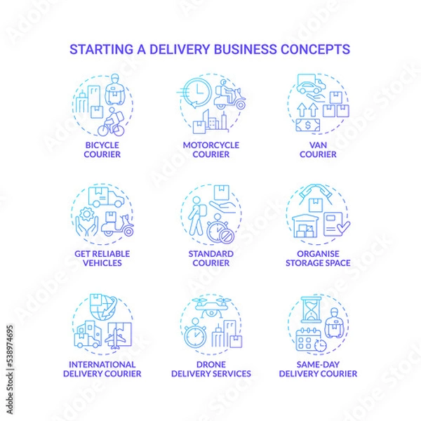Fototapeta Starting delivery business blue gradient concept icons set. Shipping service idea thin line color illustrations. Isolated outline drawings