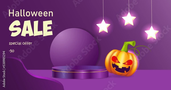 Fototapeta Abstract realistic 3D purple cylindrical pedestal on a purple background. Happy halloween minimal scene for product presentation. Halloween pumpkin with evil eyes. Glowing stars on the background. 