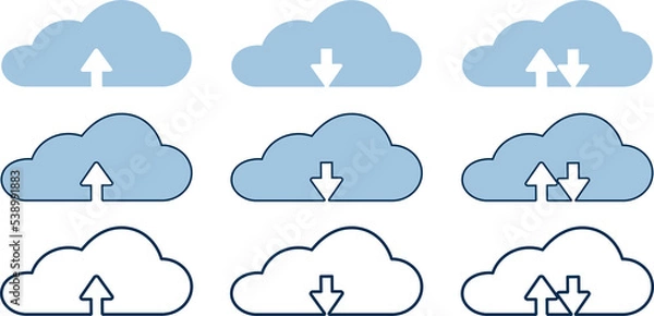 Fototapeta Collection cloud with arrow line icon. Upload and download cloud arrow symbols. Clouds with arrows up and down isolated blue signs