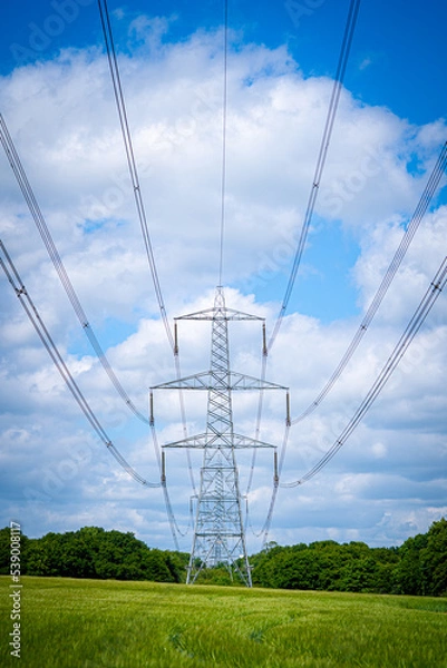Fototapeta Pylon Power Electricity Electrical Distribution Aerial Cable Running through Countryside Farmer Fields with Blue Sky and White Clouds