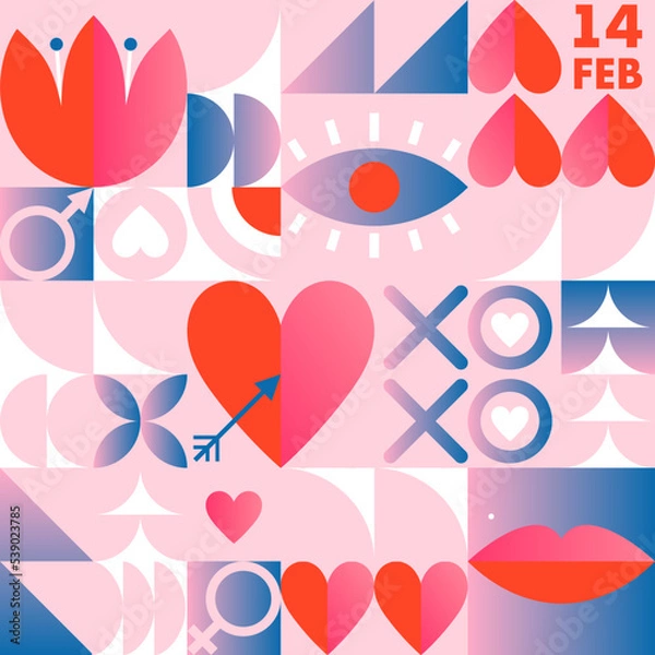 Fototapeta Valentines Day seamless pattern template.Romantic vector wallpaper in bauhaus style with geometric elements and symbols.Modern trendy design for prints,banners,fabric,invitations,branding,covers.