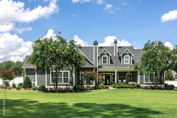 Fototapeta The rear view of a large gray craftsman new construction house with a landscaped yard and a garage and driveway