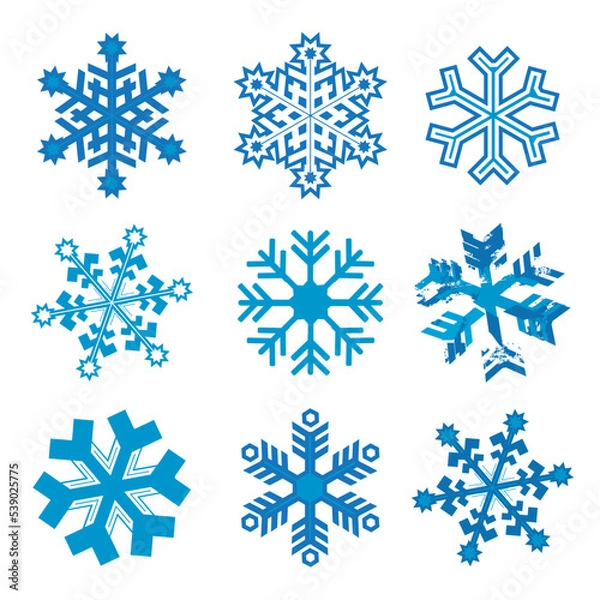Fototapeta Snowflakes, abstract icons set.
Illustration of nine blue decorative ice crystals. Isolated on white background. Vector available.