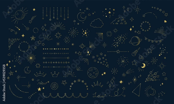 Obraz 星のイラスト素材セット, 宇宙をテーマにしたデザイン用の装飾, ネイビーの背景に金色の線画.