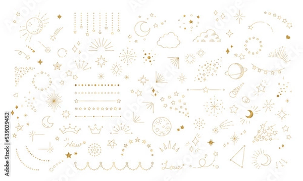 Fototapeta 星のイラスト素材セット, 宇宙をテーマにしたデザイン用の装飾, 輝く星空, 白背景に金色の線画.