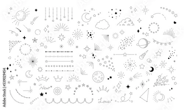 Obraz 星のイラスト素材セット, 宇宙をテーマにしたデザイン用の装飾, 星空の輝き, 白背景に黒色の線画.