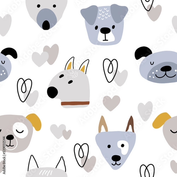 Fototapeta Faces of dogs on a white background between hearts. Seamless vector pattern with domestic pets. Kids print for wallpaper or nursery with animals