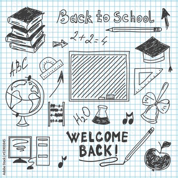 Fototapeta freehand drawing back to school in a notebook