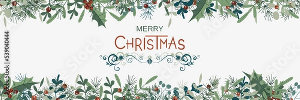 Fototapeta Christmas and New Year floral style horizontal banner, poster, flyer, web header vector design template