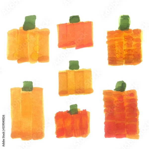 Fototapeta Set of abstract hand drawn pumpkins. Square-shaped stylized images of pumpkin isolated on white background. Fast sketch with marker
