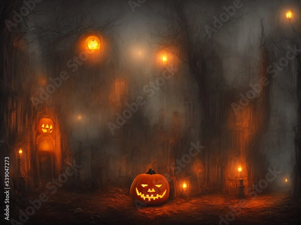 Fototapeta Halloween scene with jack o lantern as the main character. Ai generated. 