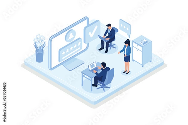 Fototapeta Hr managers searching new employee, Job recruitment process concept, isometric vector modern illustration