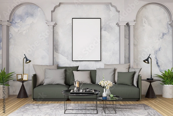 Fototapeta 3D illustration Mockup blank photo frame in living room rendering