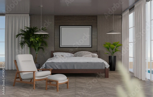 Fototapeta 3D mockup blank photo frame in bedroom at pool villa